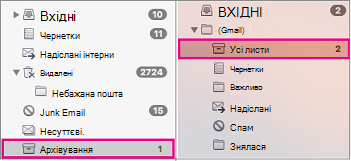 Подання списків папок Exchange і Gmail із виділеними папками архівів поруч