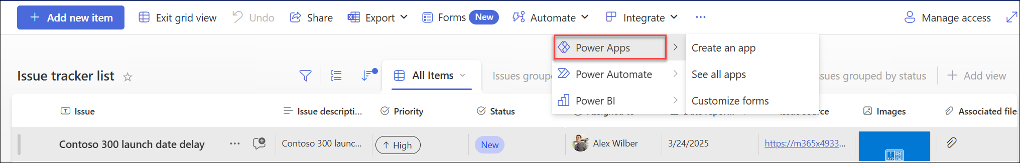Зображення меню Power Apps із вибраним пунктом 