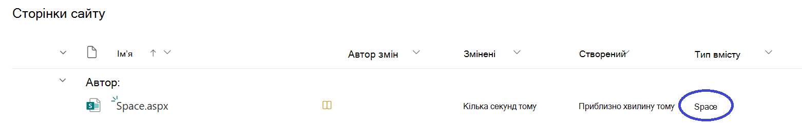визначати простір SharePoint, перейшовши до бібліотеки сторінок сайту та знайшовши файли з простором типів вмісту;
