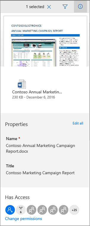 Панель метаданих документа в службі Office 365