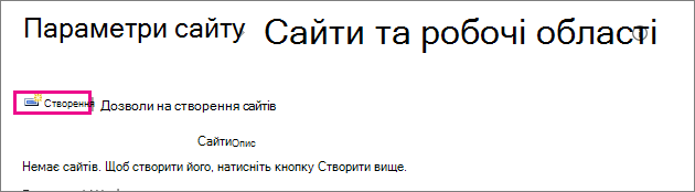 Посилання на створення сайту в діалоговому вікні 