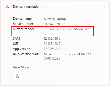 Пошук імені моделі пристрою Surface у програмі Surface.