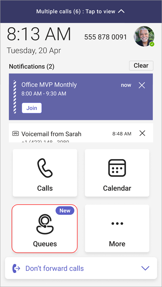 Знімок екрана: точка входу в QueuesЧерга на пристрої Teams Phone