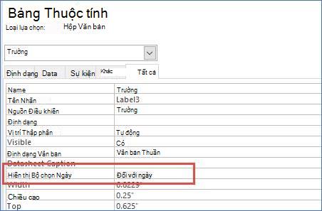 Hiện thuộc tính bộ chọn Ngày tháng trên Bảng Thuộc tính cho biểu mẫu
