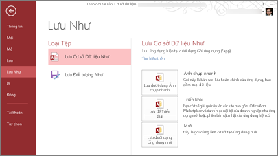 Tùy chọn Lưu dưới dạng Cơ sở dữ liệu trên màn hình Lưu dưới Dạng