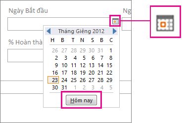 Bộ chọn Ngày có nút Hôm nay được tô sáng.