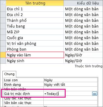 Thiết đặt giá trị mặc định cho trường Ngày/Thời gian trong bảng Access.