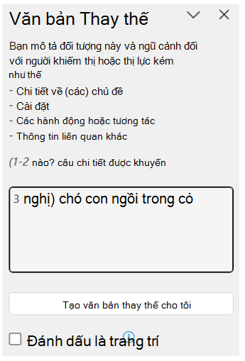 Ngăn văn bản thay thế hiển thị ví dụ về văn bản thay thế tốt.