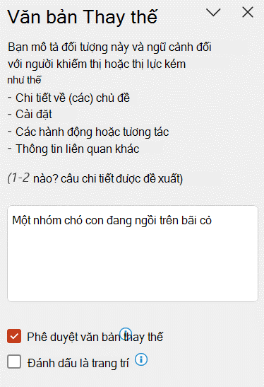 Văn bản thay thế tự động hiển thị trong ngăn Văn bản thay thế với hộp kiểm Văn bản thay thế Phê duyệt được chọn.