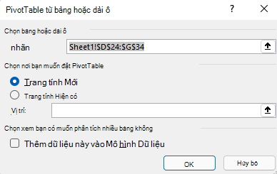 Tạo hộp thoại PivotTable trong Excel for Windows hiển thị phạm vi ô đã chọn và các tùy chọn mặc định.