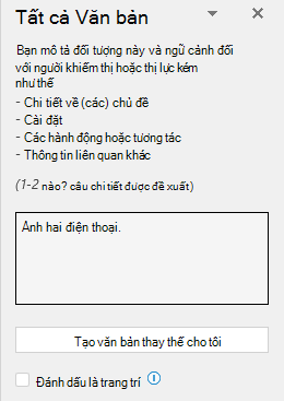 Ngăn văn bản thay thế hiển thị ví dụ về văn bản thay thế không hợp lệ.