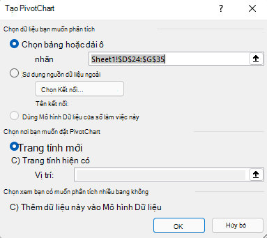Hộp thoại Chèn PivotChart trong Excel for Windows hiển thị phạm vi ô đã chọn và các tùy chọn mặc định.