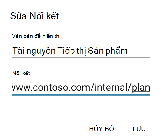 Hộp thoại chỉnh sửa liên kết trong Outlook for Android.