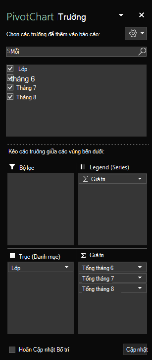Ngăn Trường PivotChart trong Excel for Windows hiển thị các trường bảng đã chọn.
