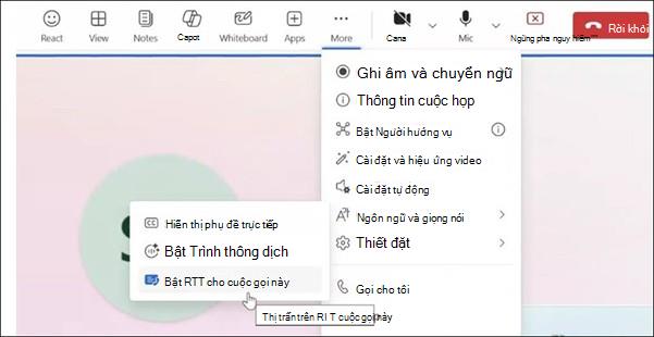Các hành động khác dành cho cuộc họp Teams trên web.