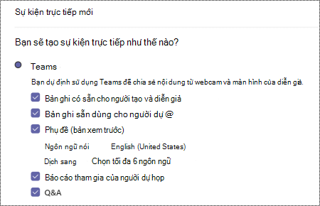 Hộp thoại để chọn tùy chọn Hỏi Đáp cho sự kiện teams trực tiếp khi lên lịch một sự kiện.