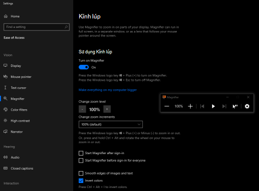 Màu màn hình được đảo ngược với Kính lúp trên Windows.