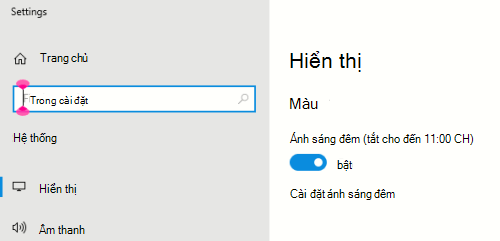 Tùy chọn Ánh sáng đêm Windows được chọn trong cài đặt hiển thị.