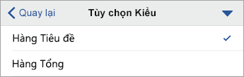Lệnh Tùy chọn Kiểu được bung rộng, với Hàng Tiêu đề được chọn