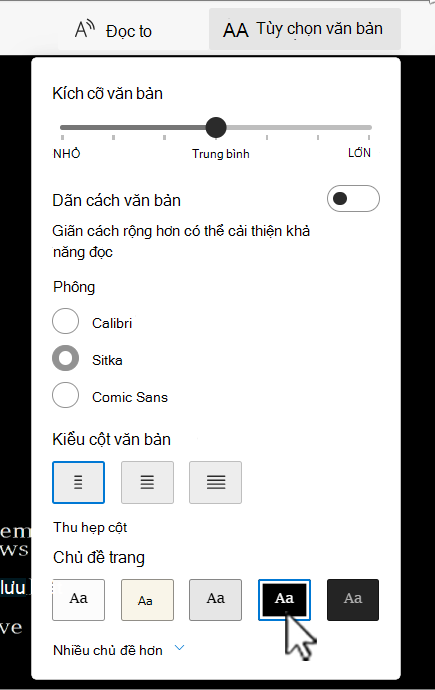 Bộ đọc Tập trung chọn tùy chọn văn bản trong Word