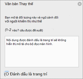 Hộp kiểm Đánh dấu là trang trí đã chọn trong ngăn Văn bản thay thế của Word for Mac.