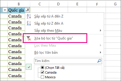 Nút Xóa bộ lọc ra khỏi
