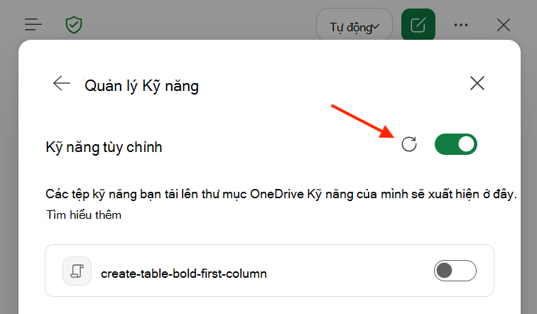 Ảnh chụp màn hình hộp thoại Copilot trong Excel Kỹ năng tùy chỉnh với nút Làm mới được tô sáng.