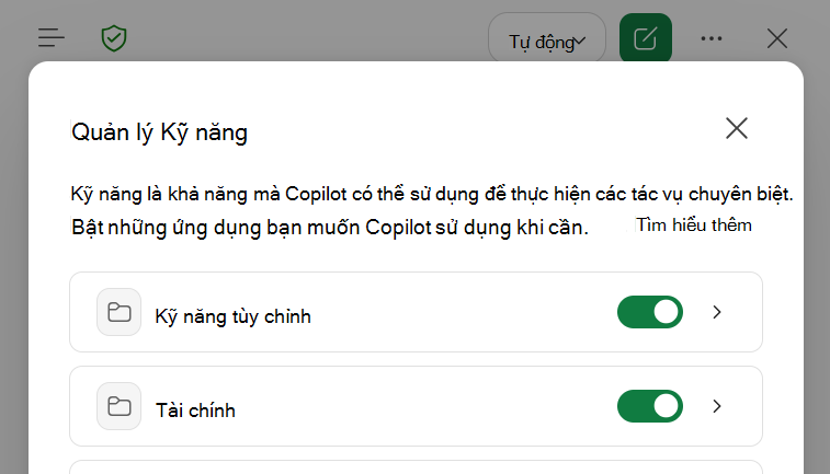 Ảnh chụp màn hình hộp thoại Quản lý kỹ năng của Copilot trong Excel.