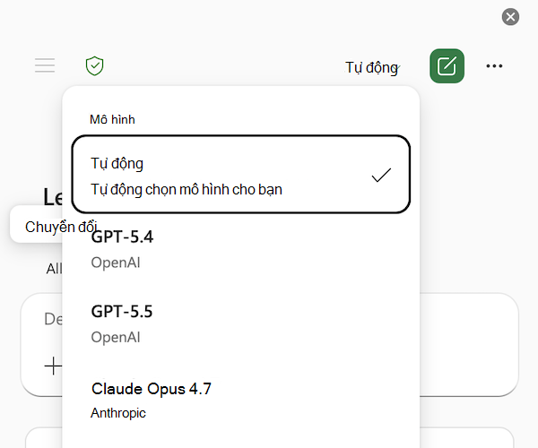 Ảnh chụp màn hình của Copilot trong menu bộ chọn mô hình Excel, với tự động được chọn.