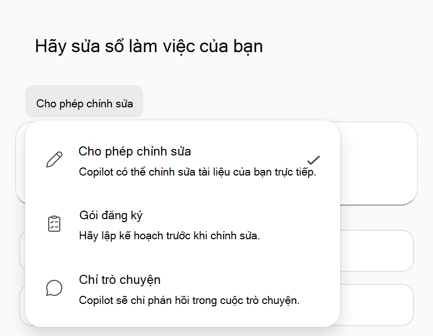Ảnh chụp màn hình của Copilot trong menu tùy chọn chế độ Excel.