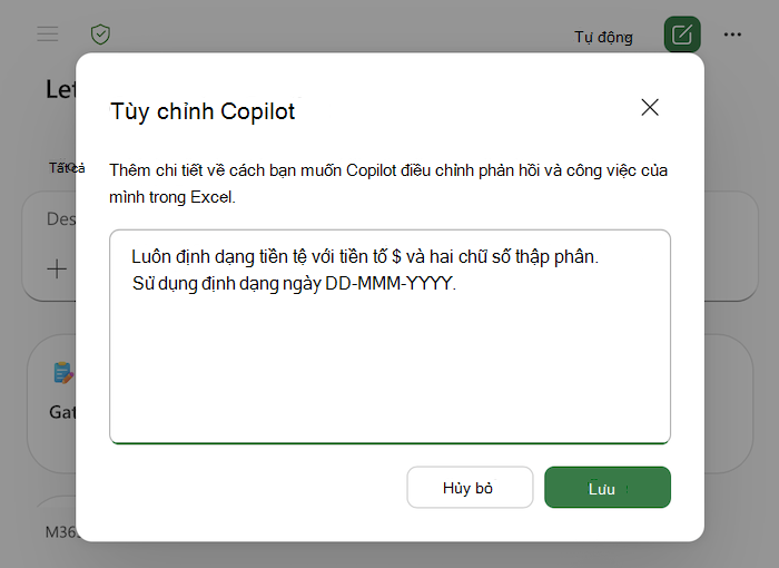 Ảnh chụp màn hình hộp thoại Copilot trong cá nhân hóa excel, bao gồm các ví dụ trong vùng văn bản.