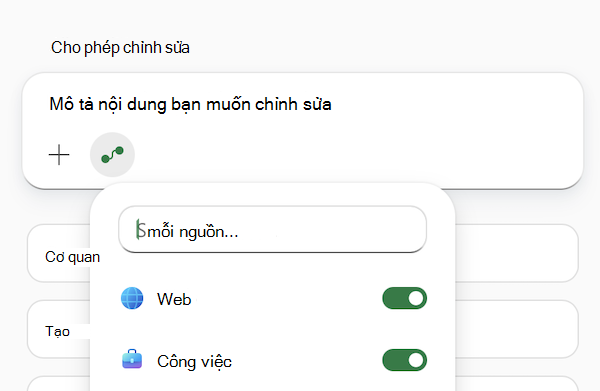 Ảnh chụp màn hình trường lời nhắc Copilot trong Excel với menu Chọn nguồn đang mở.