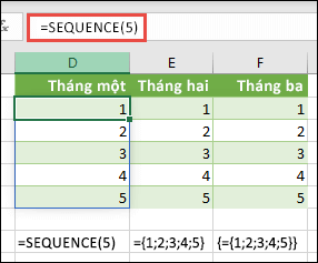 Tạo hằng số mảng theo chiều dọc bằng =SEQUENCE(5) hoặc ={1;2;3;4;5}