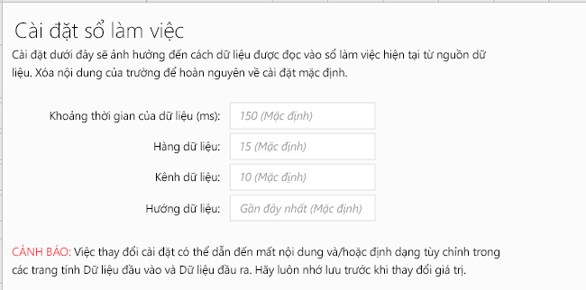Hiển thị tab Cài đặt sổ làm việc cho Data Streamer