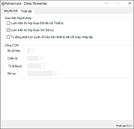 Phần bổ trợ Excel Data Streamer Cài đặt nâng cao Tab Cài đặt