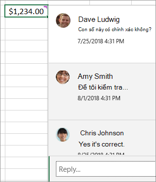 Ô có $1.234,00 và chú thích theo luồng đính kèm: Dave Ludwig: Con số này có chính xác không? Amy Smith: Để tôi kiểm tra... v.v.