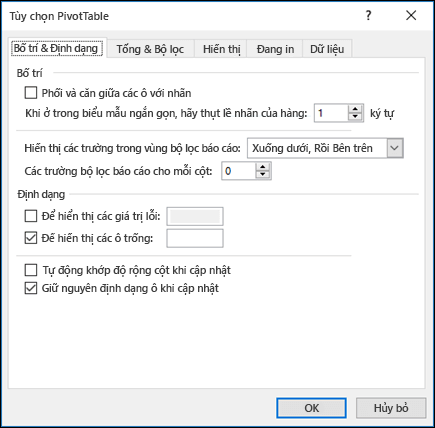 Hộp thoại Tùy chọn PivotTable