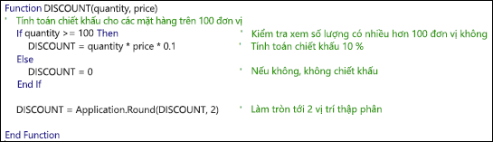 Ví dụ về hàm VBA với Chú thích