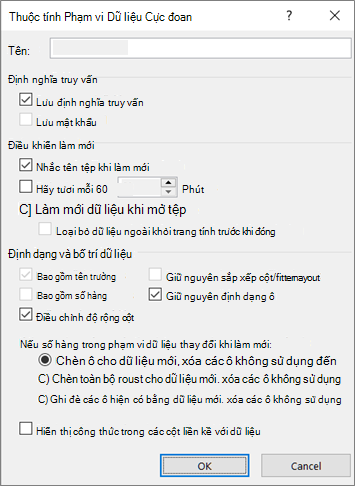 Ví dụ về hộp thoại Thuộc tính Phạm vi Dữ liệu Ngoài