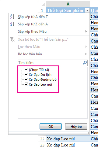 Lọc bằng cách chọn các mục trong một danh sách