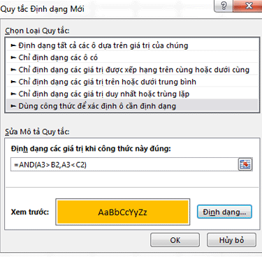 Định dạng > có Điều kiện Hộp thoại Sửa Quy tắc hiển thị phương pháp Công thức