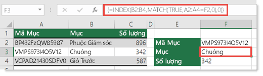 Sử dụng hàm INDEX và MATCH để tra cứu các giá trị có nhiều hơn 255 ký tự
