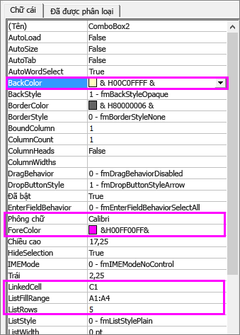 Thiết đặt thuộc tính cho hộp tổ hợp ActiveX.