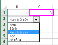 Ô được nối kết hiển thị số mục khi chọn mục.