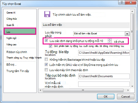 Tùy chọn Lưu trong Tùy chọn Excel