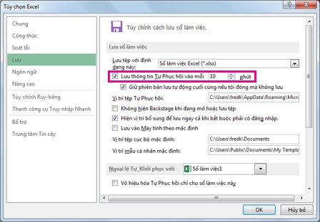 Tùy chọn Tự Phục hồi trên tab Lưu trong hộp thoại Tùy chọn Excel