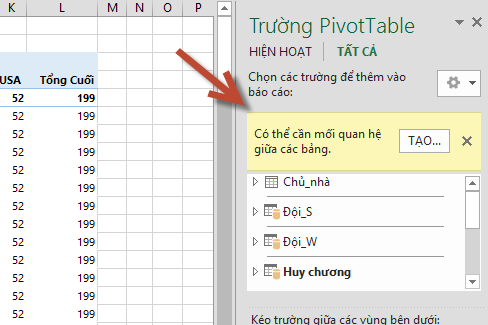 Nhắc nhở TẠO... mối quan hệ trong Trường PivotTable