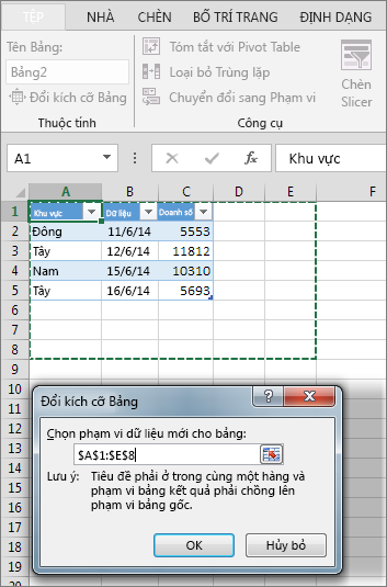 Đổi kích thước Bảng