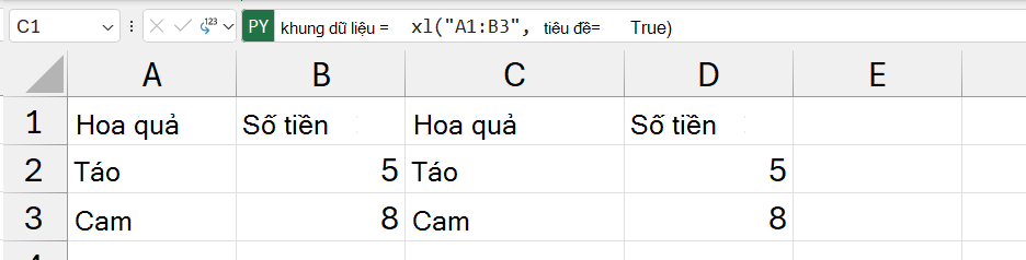 Nội dung DataFrame được trả về dưới dạng giá trị Excel.