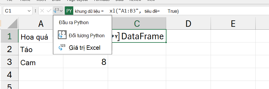 Menu đầu ra Python mở trong Excel.